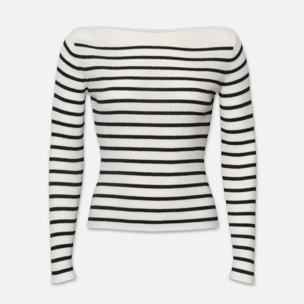NWOT Frame Ribbed Boatneck Sweater
in Black Multi Wool Cashmere and Silk blend